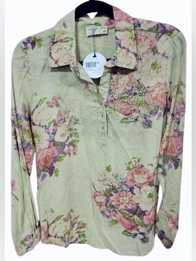 NWT 100% Cotton Embroidered VINTAGE GOA Shirt Top Blouse Boho Cottage Button Med